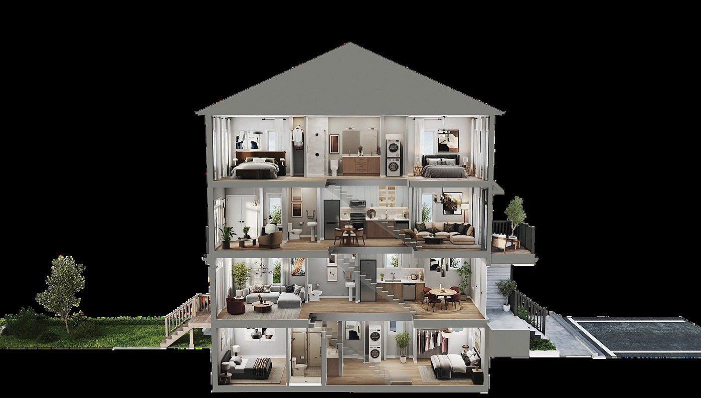 Coupe 3D d'un logement sur deux niveaux